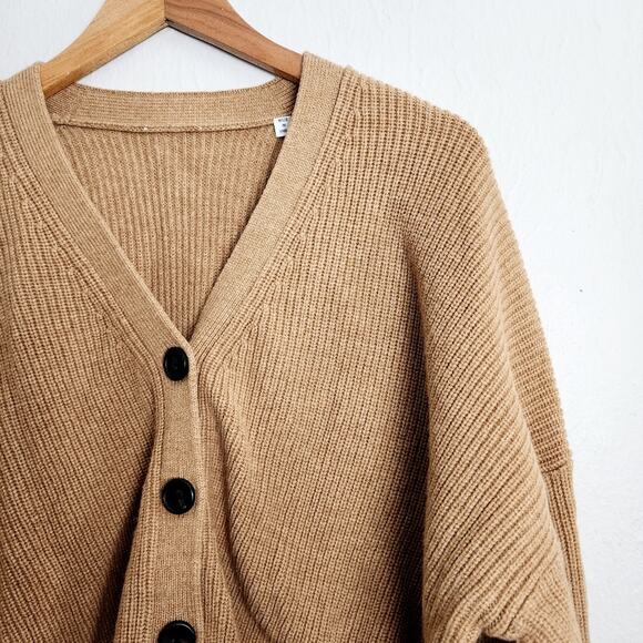 A.L.C May Ribbed Knit Slouchy V-Neck Merino Wool Cardigan Sweater in Camel - Picture 7 of 14